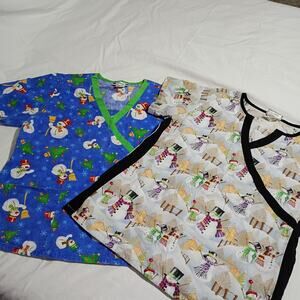 Two Medium Snowmen Scrub Tops Winter Holiday Christmas Cotton Poly Blend Blues
